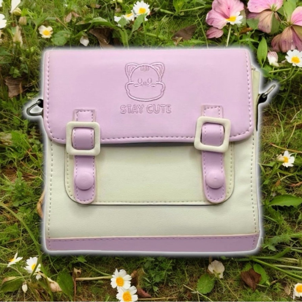cute "stay cute" crossbody purple messenger bag